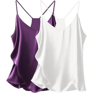 Ekouaer Womens Satin Cami Tops 2 Pack V Neck Silk Camisole Tank Top Spaghetti Strap Racerback Camis Blouse Shirt(White/Purple)