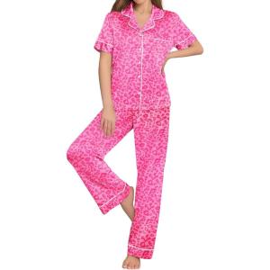 Ekouaer Womens Silk Pajama Sets Silky Short Sleeve Pjs 2 Piece Silk Button Down Pajamas Soft Satin Pj Pants Set(Rose Leopard)