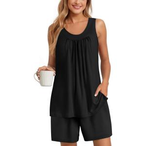 Ekouaer Womens Sleeveless Pajamas Set Cotton Pj Sets Tank Top and Shorts Sleepwear Summer 2 Piece Loungewear S-XXL(Black)