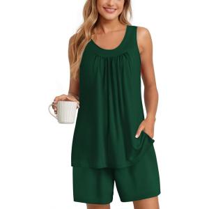 Ekouaer Womens Sleeveless Pajamas Set Cotton Pj Sets Tank Top and Shorts Sleepwear Summer 2 Piece Loungewear S-XXL(Evergreen)