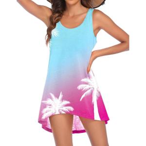 Ekouaer Women’s Sleeveless Swimwear Coverups T-Shirt Beach Dress Tank Bikini Cover Up with Print(Blue Coconut Tree)