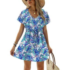 Ekouaer Womens Swimsuit Coverup Short Sleeve Beach Cover Up Dress V Neck Bikini Beachwear(White Blue Leaf-01)