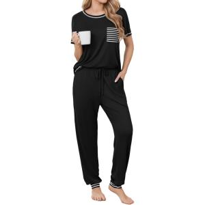 Ekouaer womens pajama sets Short Sleeve Pjs Lounge Set 2 Piece Sleepwear with Long Pants(Black)