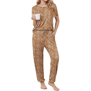 Ekouaer womens pajama sets Short Sleeve Pjs Lounge Set 2 Piece Sleepwear with Long Pants(Brown Leopard)
