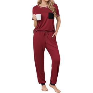 Ekouaer womens pajama sets Short Sleeve Pjs Lounge Set 2 Piece Sleepwear with Long Pants(Burgundy)
