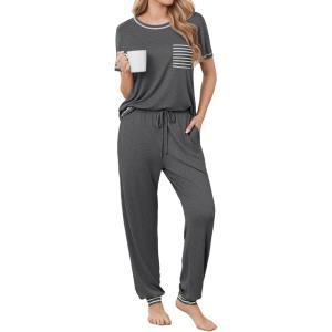Ekouaer womens pajama sets Short Sleeve Pjs Lounge Set 2 Piece Sleepwear with Long Pants(Dark Gray)