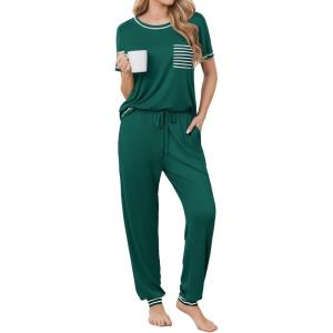 Ekouaer womens pajama sets Short Sleeve Pjs Lounge Set 2 Piece Sleepwear with Long Pants(Evergreen)