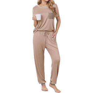 Ekouaer womens pajama sets Short Sleeve Pjs Lounge Set 2 Piece Sleepwear with Long Pants(Khaki)