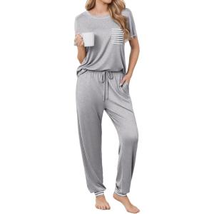 Ekouaer womens pajama sets Short Sleeve Pjs Lounge Set 2 Piece Sleepwear with Long Pants(Light Gray)