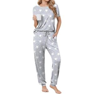 Ekouaer womens pajama sets Short Sleeve Pjs Lounge Set 2 Piece Sleepwear with Long Pants(Light Gray Star)