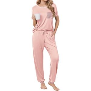 Ekouaer womens pajama sets Short Sleeve Pjs Lounge Set 2 Piece Sleepwear with Long Pants(Light Pink)