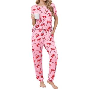 Ekouaer womens pajama sets Short Sleeve Pjs Lounge Set 2 Piece Sleepwear with Long Pants(Pink Bow)