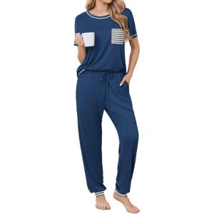 Ekouaer womens pajama sets Short Sleeve Pjs Lounge Set 2 Piece Sleepwear with Long Pants(Prussian Blue)