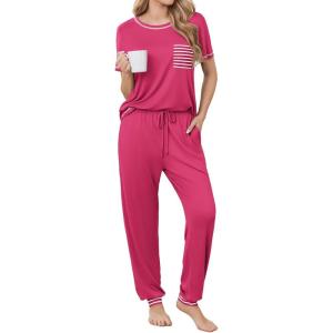 Ekouaer womens pajama sets Short Sleeve Pjs Lounge Set 2 Piece Sleepwear with Long Pants(Rose)