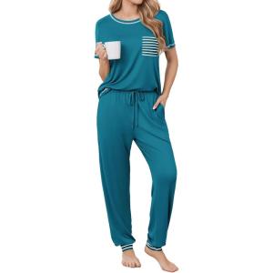 Ekouaer womens pajama sets Short Sleeve Pjs Lounge Set 2 Piece Sleepwear with Long Pants(Teal)