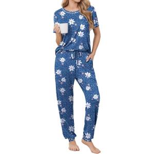 Ekouaer womens pajama sets Short Sleeve Pjs Lounge Set 2 Piece Sleepwear with Long Pants(White Floral Blue Leopard)