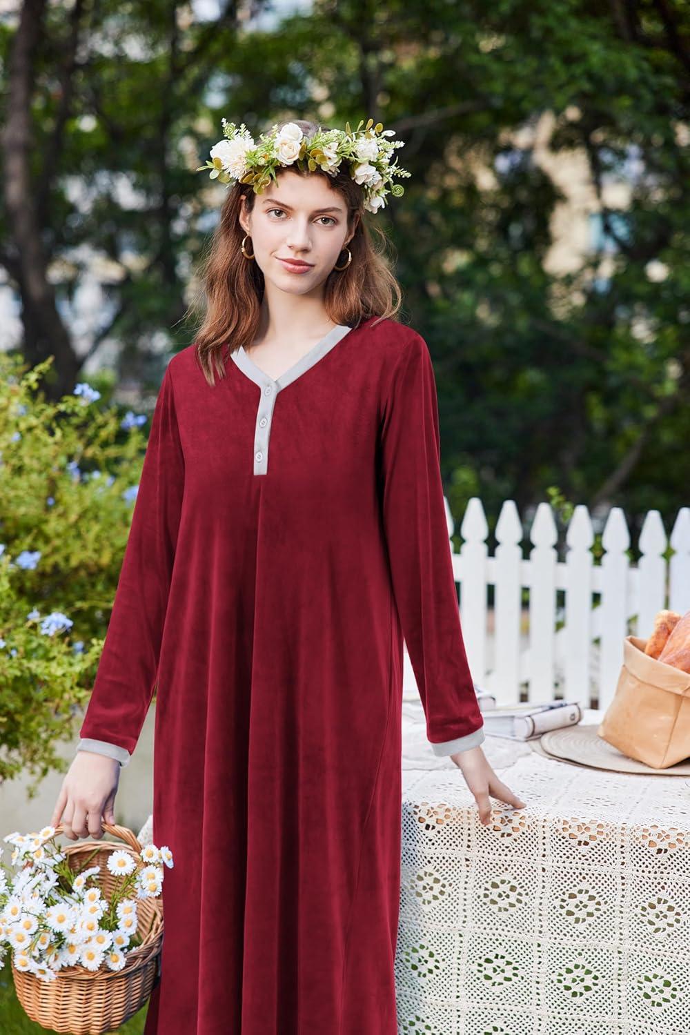 imageEkouaer Womens Velvet Nightgowns Long Sleeve Printed Sleepwear Velour Full Length Sleep ShirtsWine Red