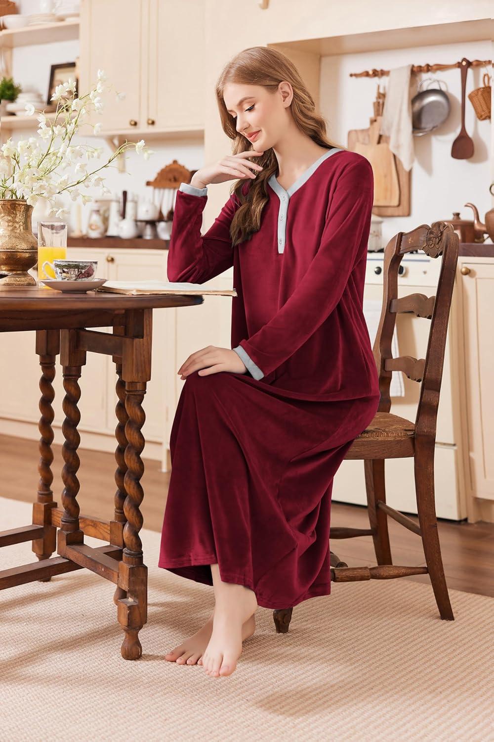 imageEkouaer Womens Velvet Nightgowns Long Sleeve Printed Sleepwear Velour Full Length Sleep ShirtsWine Red