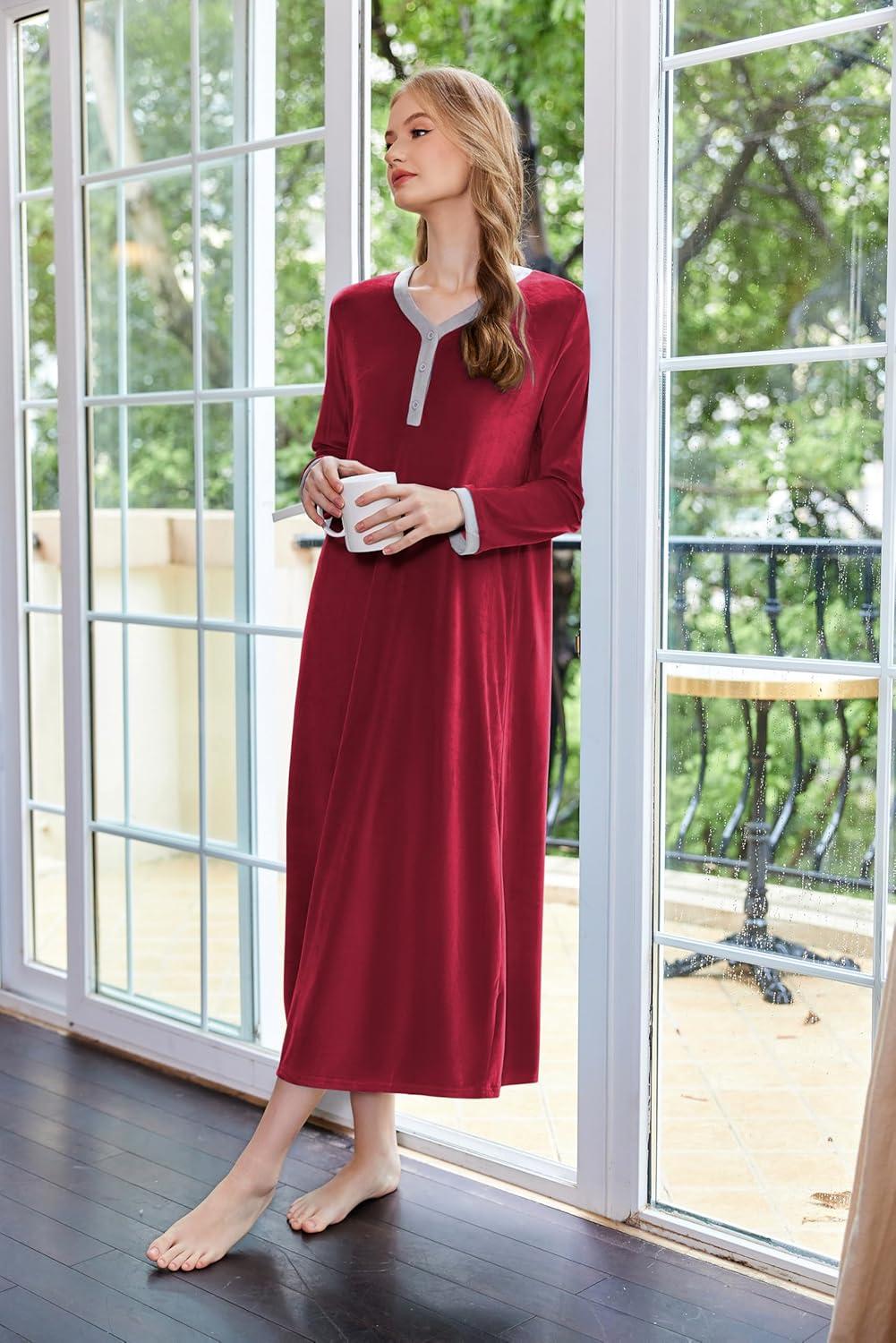 imageEkouaer Womens Velvet Nightgowns Long Sleeve Printed Sleepwear Velour Full Length Sleep ShirtsWine Red