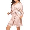 Ekouaer Womens Satin Robes 3/4 Sleeve Bridesmaid Bride Party Silk Robe Short Cute Silky Sleepwear with pockets Pink Apricot S