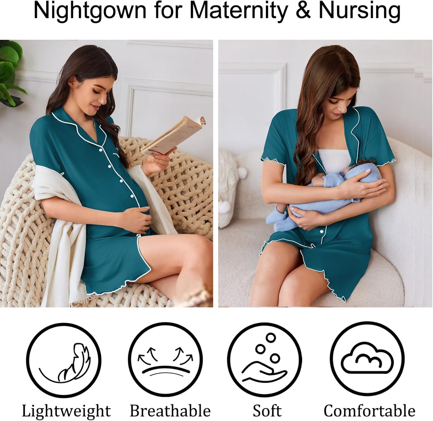 imageEkouaer Cotton Nightgowns for Women Button Down Sleep Shirts Short Sleeve Night Gown Boyfriend Sleepwear Soft Night ShirtsBlue Green