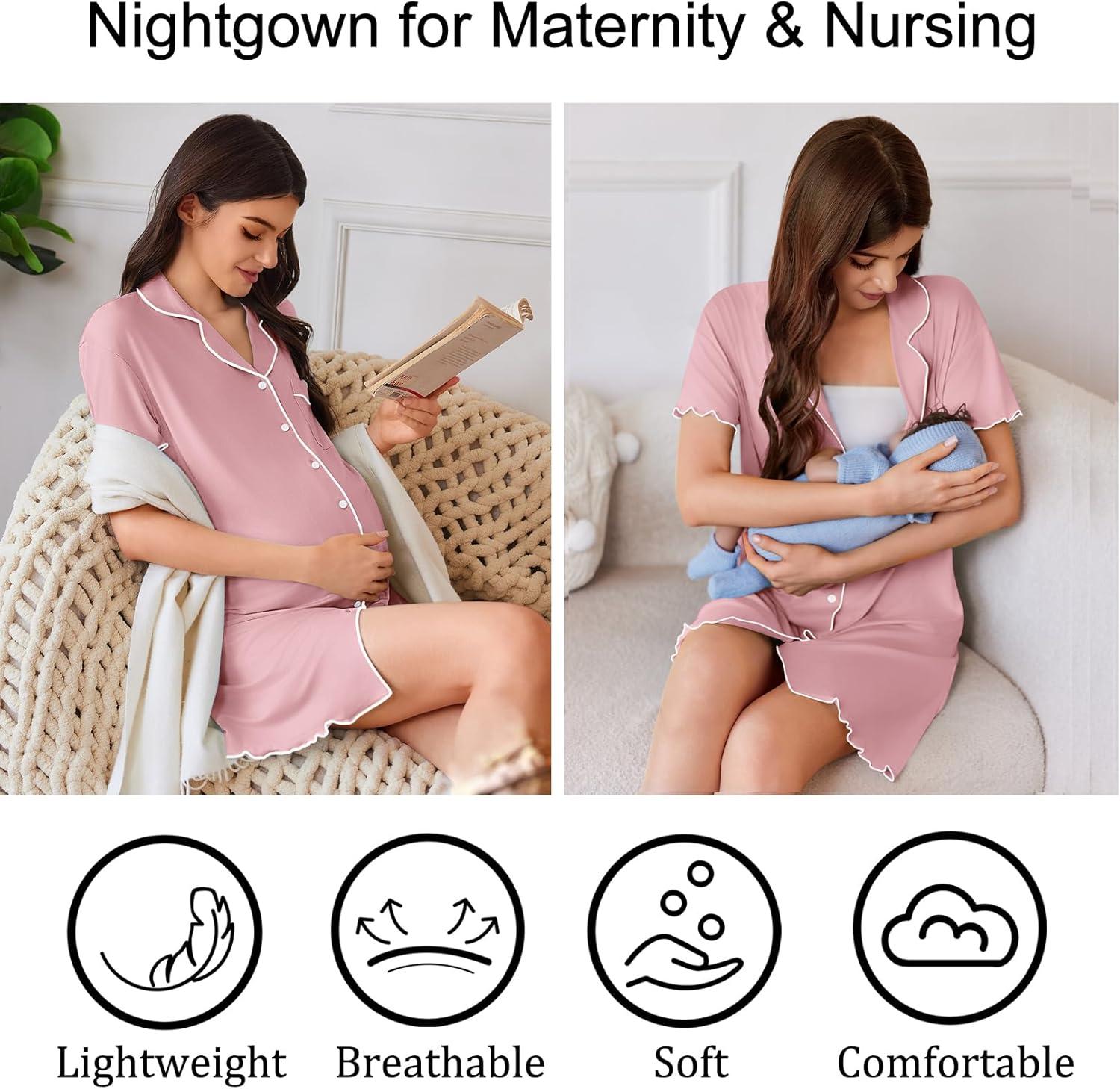 imageEkouaer Cotton Nightgowns for Women Button Down Sleep Shirts Short Sleeve Night Gown Boyfriend Sleepwear Soft Night ShirtsPink