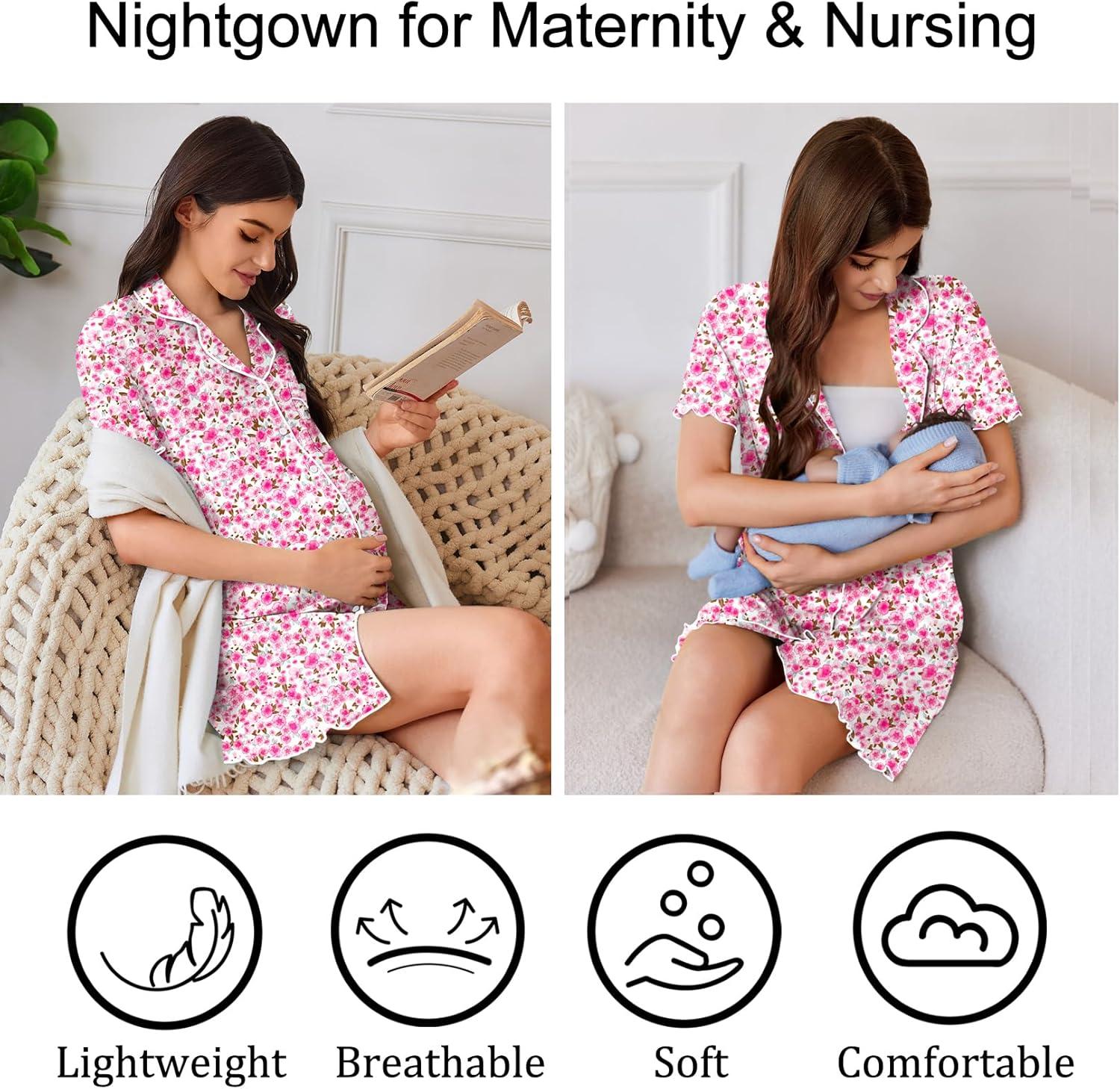 imageEkouaer Cotton Nightgowns for Women Button Down Sleep Shirts Short Sleeve Night Gown Boyfriend Sleepwear Soft Night ShirtsPink Floral