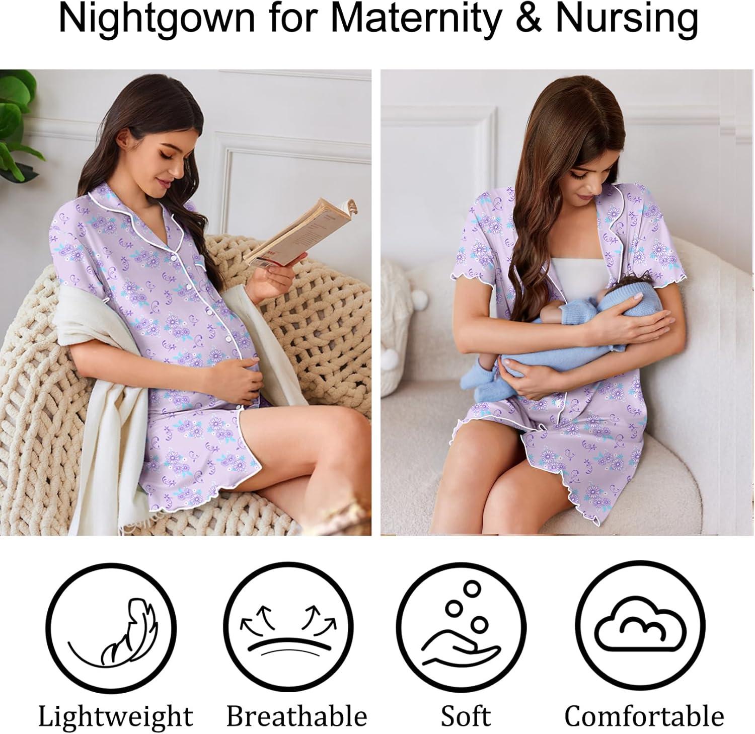 imageEkouaer Cotton Nightgowns for Women Button Down Sleep Shirts Short Sleeve Night Gown Boyfriend Sleepwear Soft Night ShirtsPurple Flowers