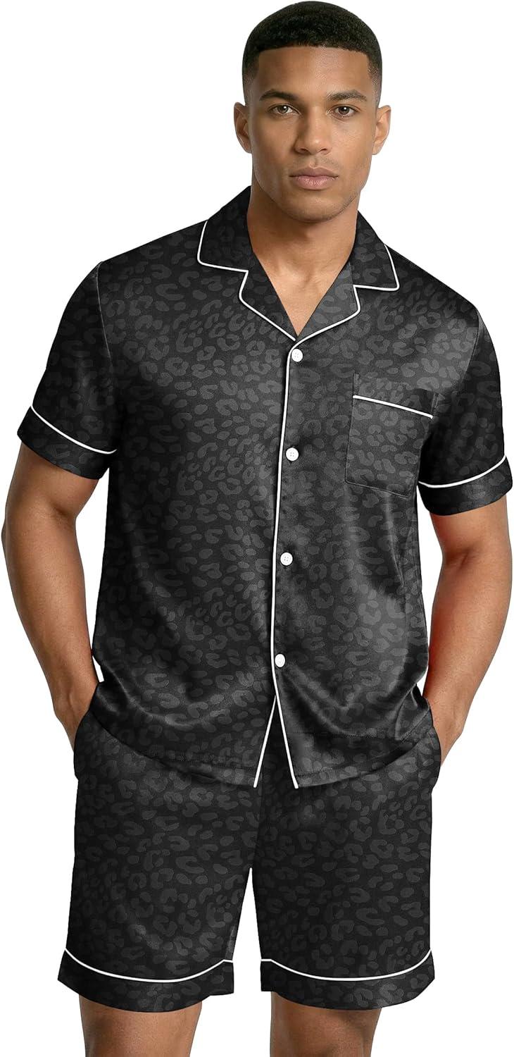 imageEkouaer Mens Silk Satin Pajamas Set Short Sleeve Sleepwear Lightweight Button Up Lounge Pjs Set with Pockets S4XLBlack Leopard