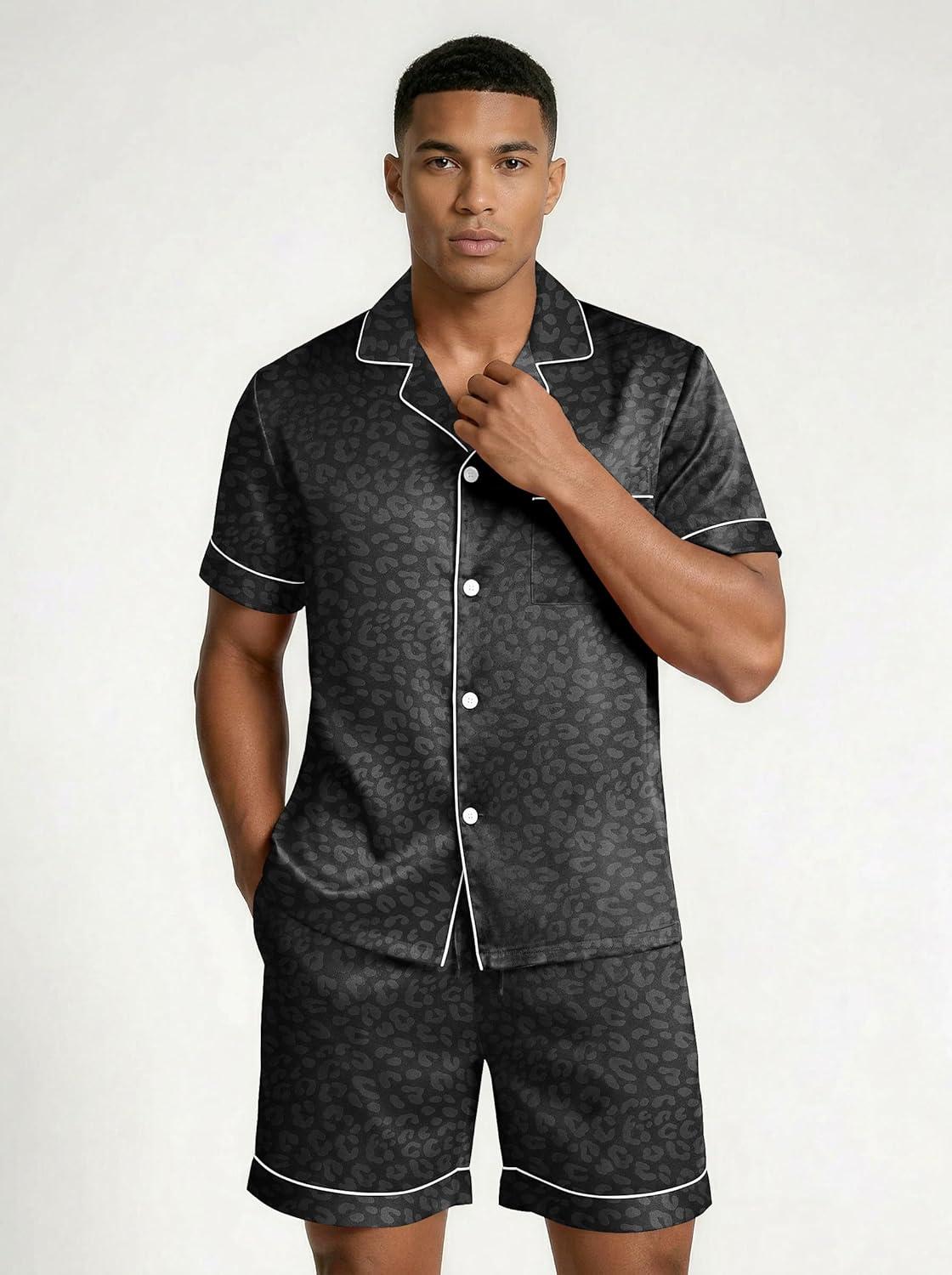 imageEkouaer Mens Silk Satin Pajamas Set Short Sleeve Sleepwear Lightweight Button Up Lounge Pjs Set with Pockets S4XLBlack Leopard