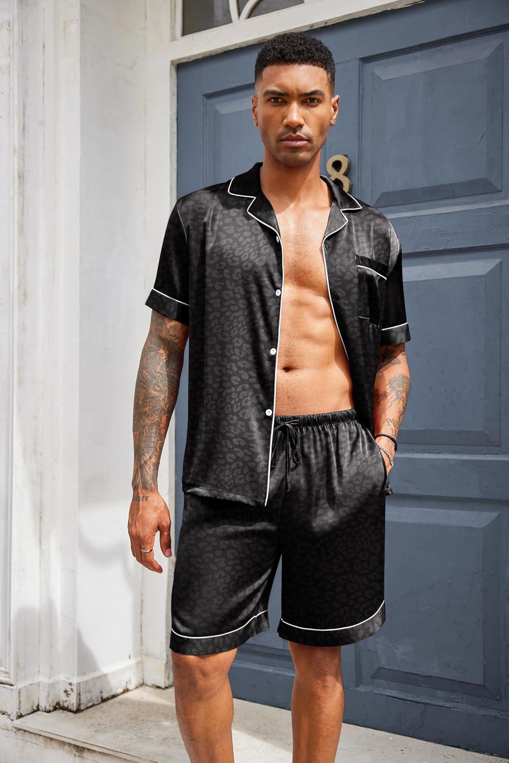 imageEkouaer Mens Silk Satin Pajamas Set Short Sleeve Sleepwear Lightweight Button Up Lounge Pjs Set with Pockets S4XLBlack Leopard