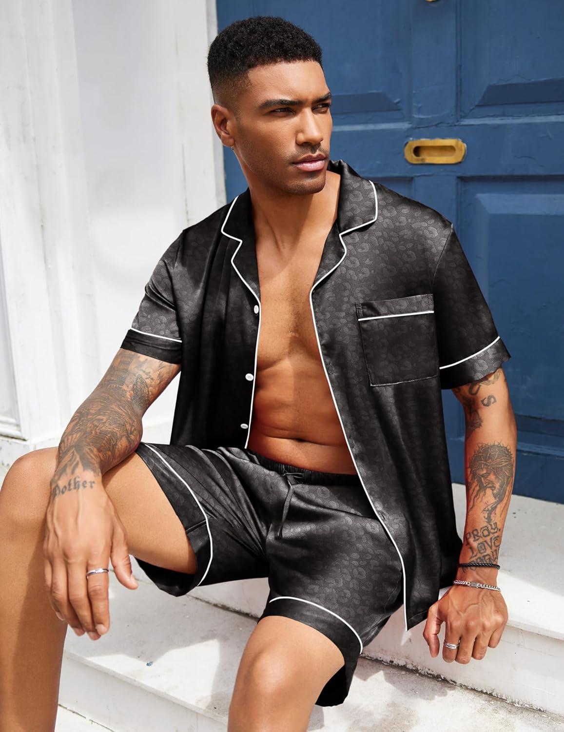 imageEkouaer Mens Silk Satin Pajamas Set Short Sleeve Sleepwear Lightweight Button Up Lounge Pjs Set with Pockets S4XLBlack Leopard