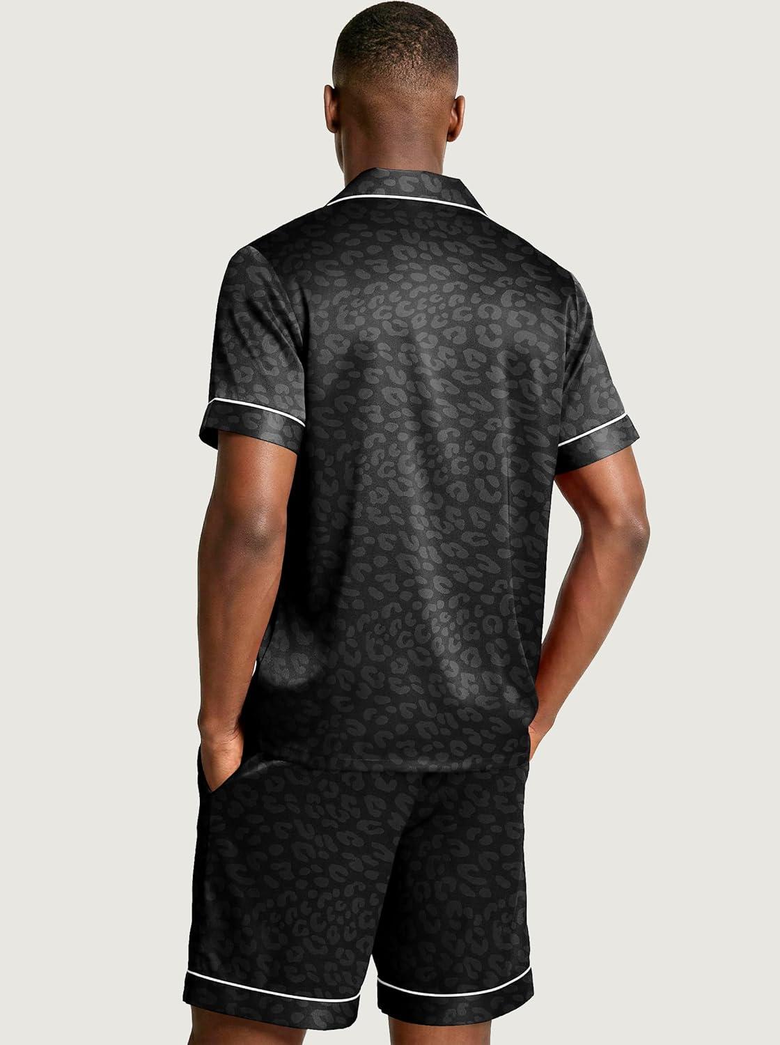 imageEkouaer Mens Silk Satin Pajamas Set Short Sleeve Sleepwear Lightweight Button Up Lounge Pjs Set with Pockets S4XLBlack Leopard
