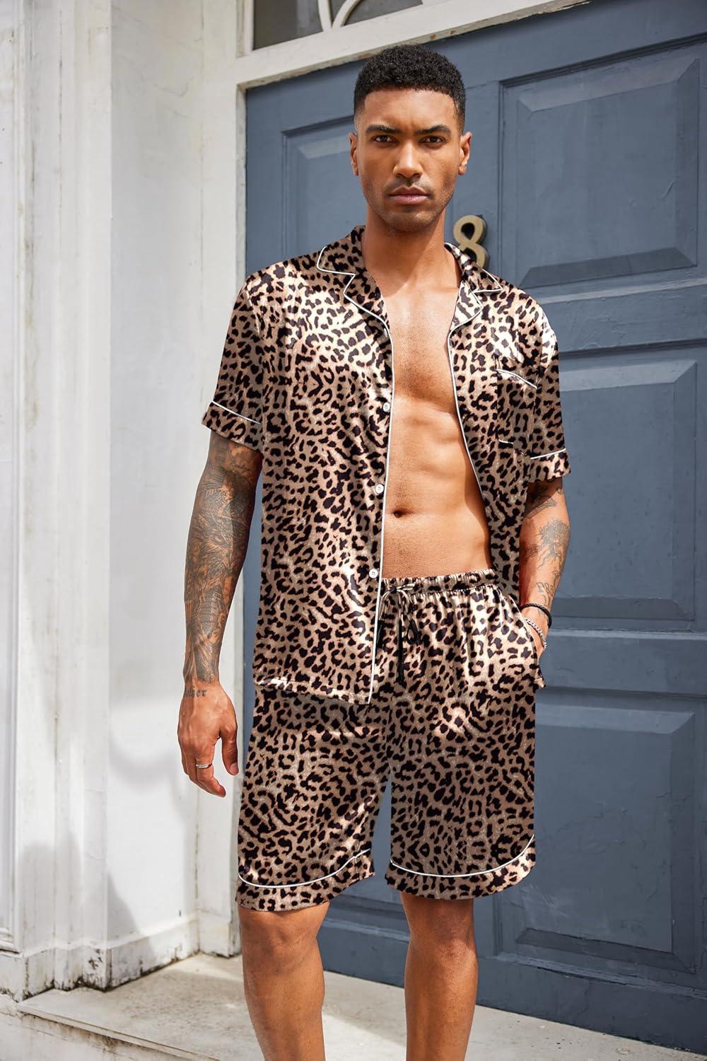 imageEkouaer Mens Silk Satin Pajamas Set Short Sleeve Sleepwear Lightweight Button Up Lounge Pjs Set with Pockets S4XLBrown Leopard