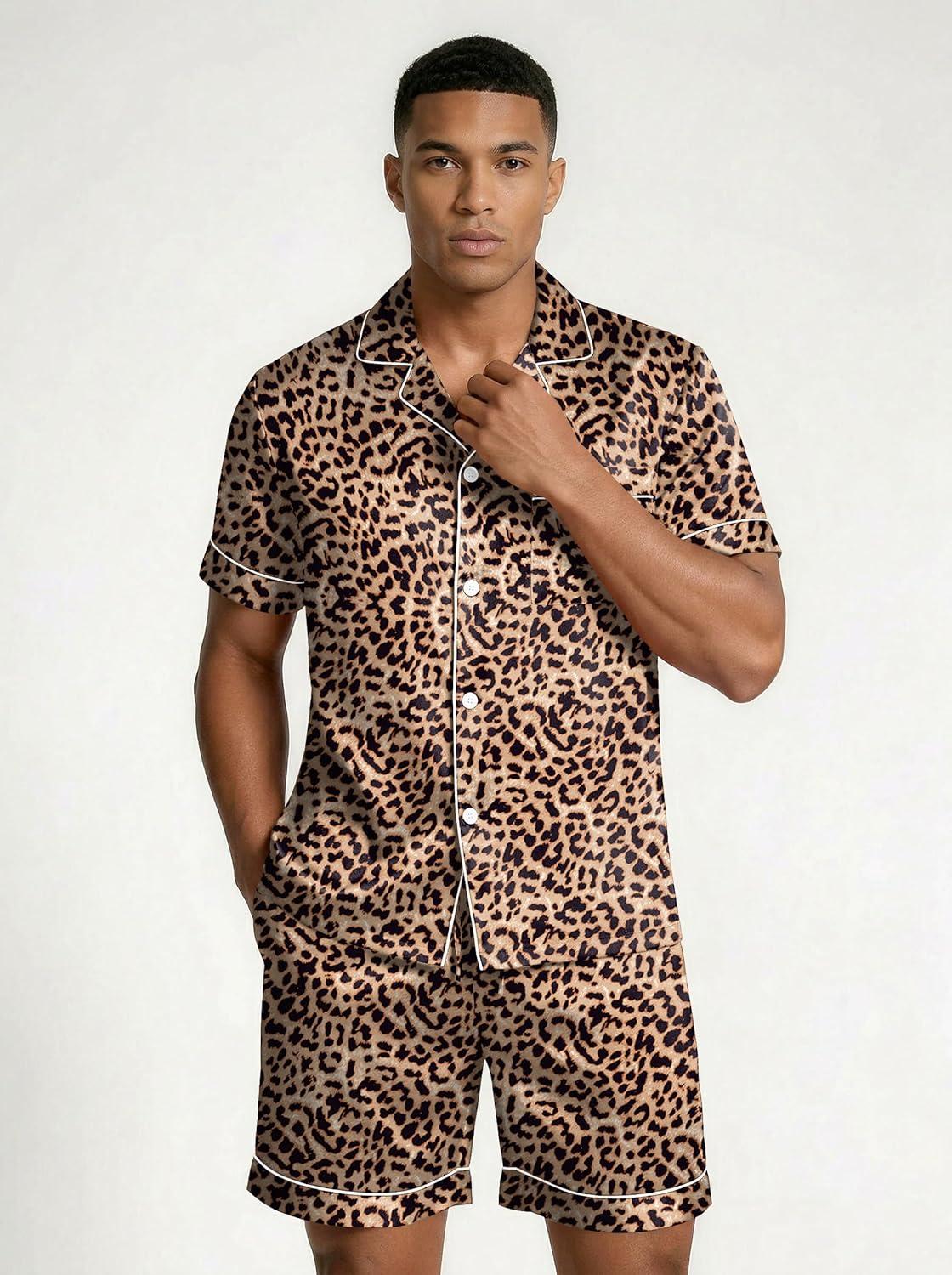 imageEkouaer Mens Silk Satin Pajamas Set Short Sleeve Sleepwear Lightweight Button Up Lounge Pjs Set with Pockets S4XLBrown Leopard