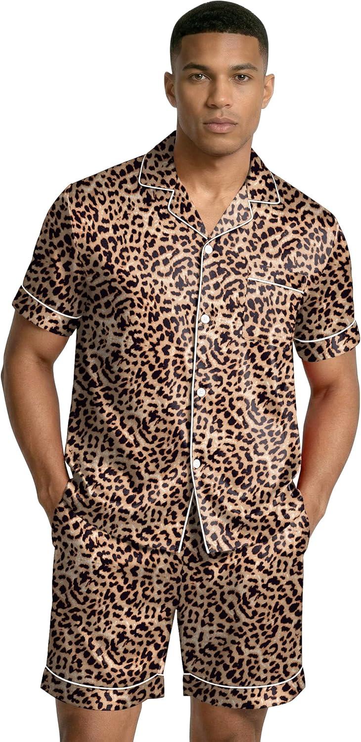 imageEkouaer Mens Silk Satin Pajamas Set Short Sleeve Sleepwear Lightweight Button Up Lounge Pjs Set with Pockets S4XLBrown Leopard