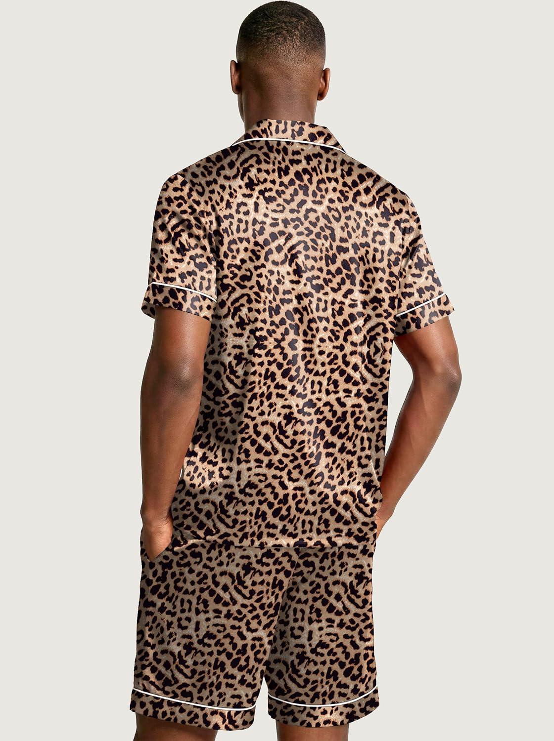 imageEkouaer Mens Silk Satin Pajamas Set Short Sleeve Sleepwear Lightweight Button Up Lounge Pjs Set with Pockets S4XLBrown Leopard