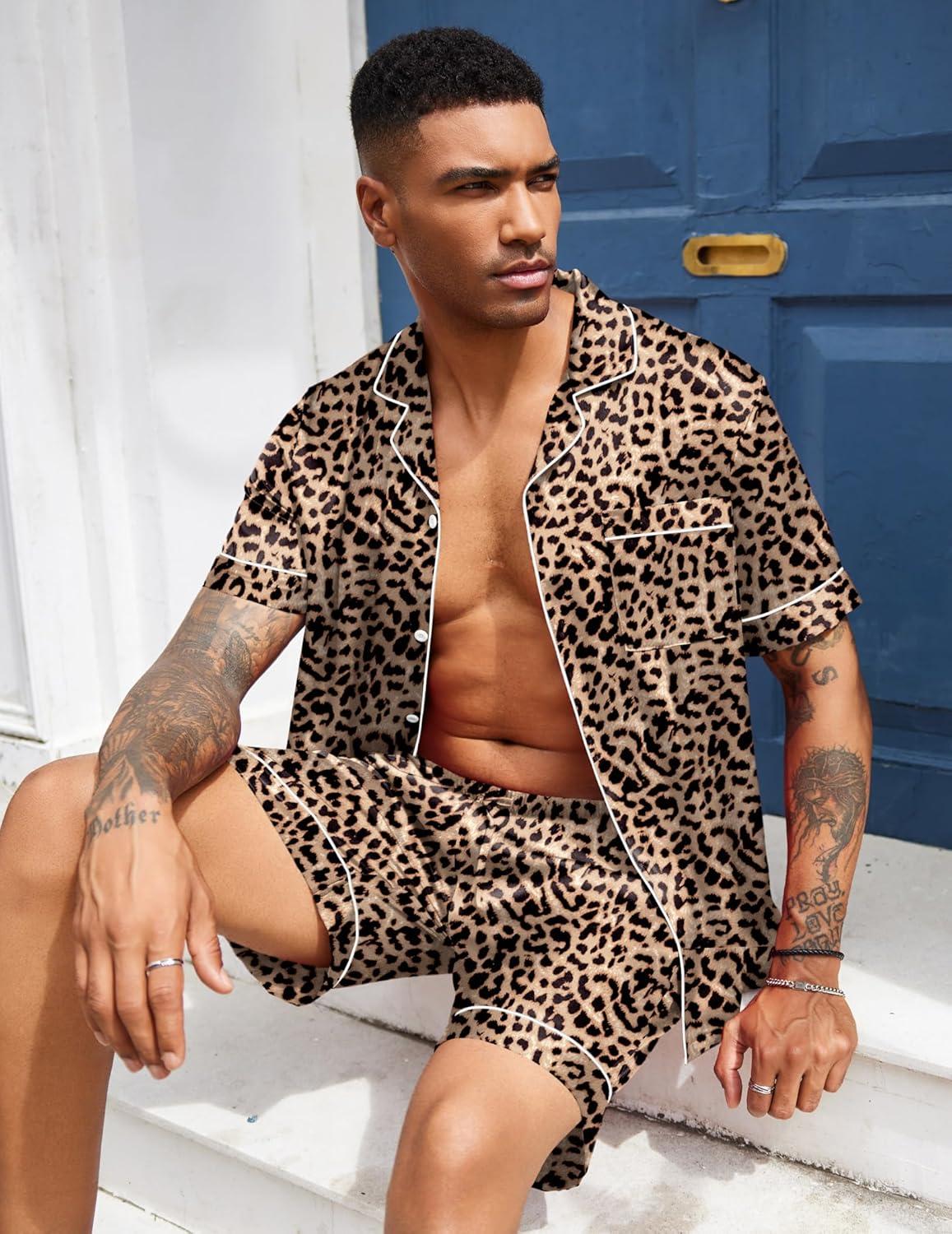 imageEkouaer Mens Silk Satin Pajamas Set Short Sleeve Sleepwear Lightweight Button Up Lounge Pjs Set with Pockets S4XLBrown Leopard