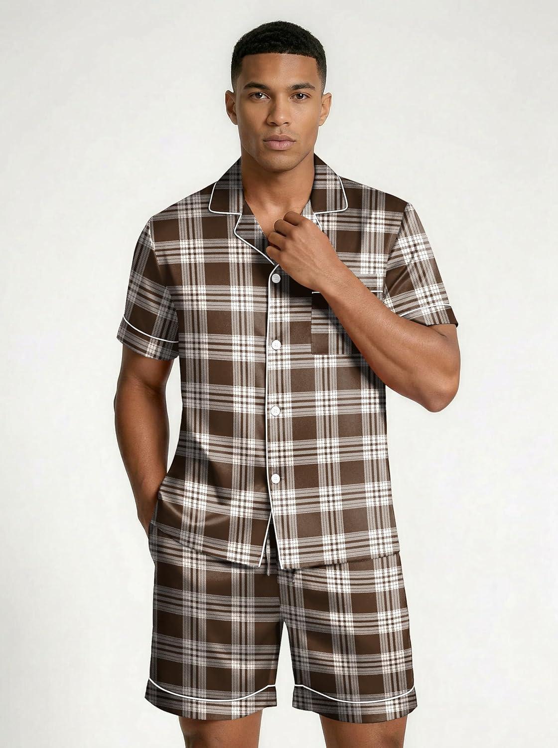 imageEkouaer Mens Silk Satin Pajamas Set Short Sleeve Sleepwear Lightweight Button Up Lounge Pjs Set with Pockets S4XLBrown Plaid