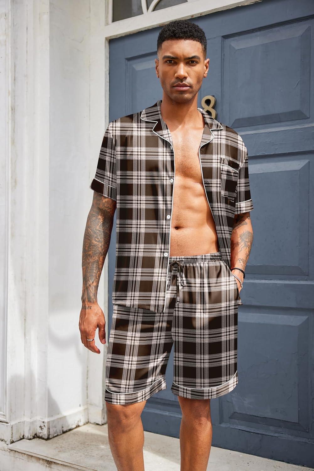 imageEkouaer Mens Silk Satin Pajamas Set Short Sleeve Sleepwear Lightweight Button Up Lounge Pjs Set with Pockets S4XLBrown Plaid