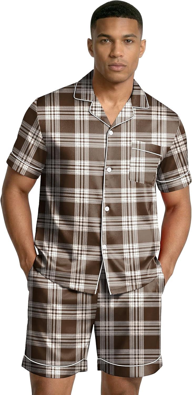 imageEkouaer Mens Silk Satin Pajamas Set Short Sleeve Sleepwear Lightweight Button Up Lounge Pjs Set with Pockets S4XLBrown Plaid