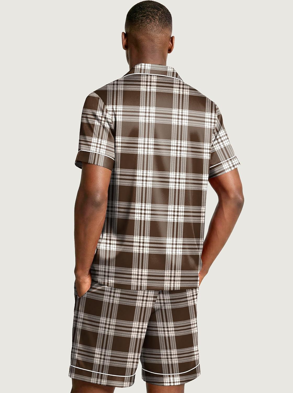 imageEkouaer Mens Silk Satin Pajamas Set Short Sleeve Sleepwear Lightweight Button Up Lounge Pjs Set with Pockets S4XLBrown Plaid
