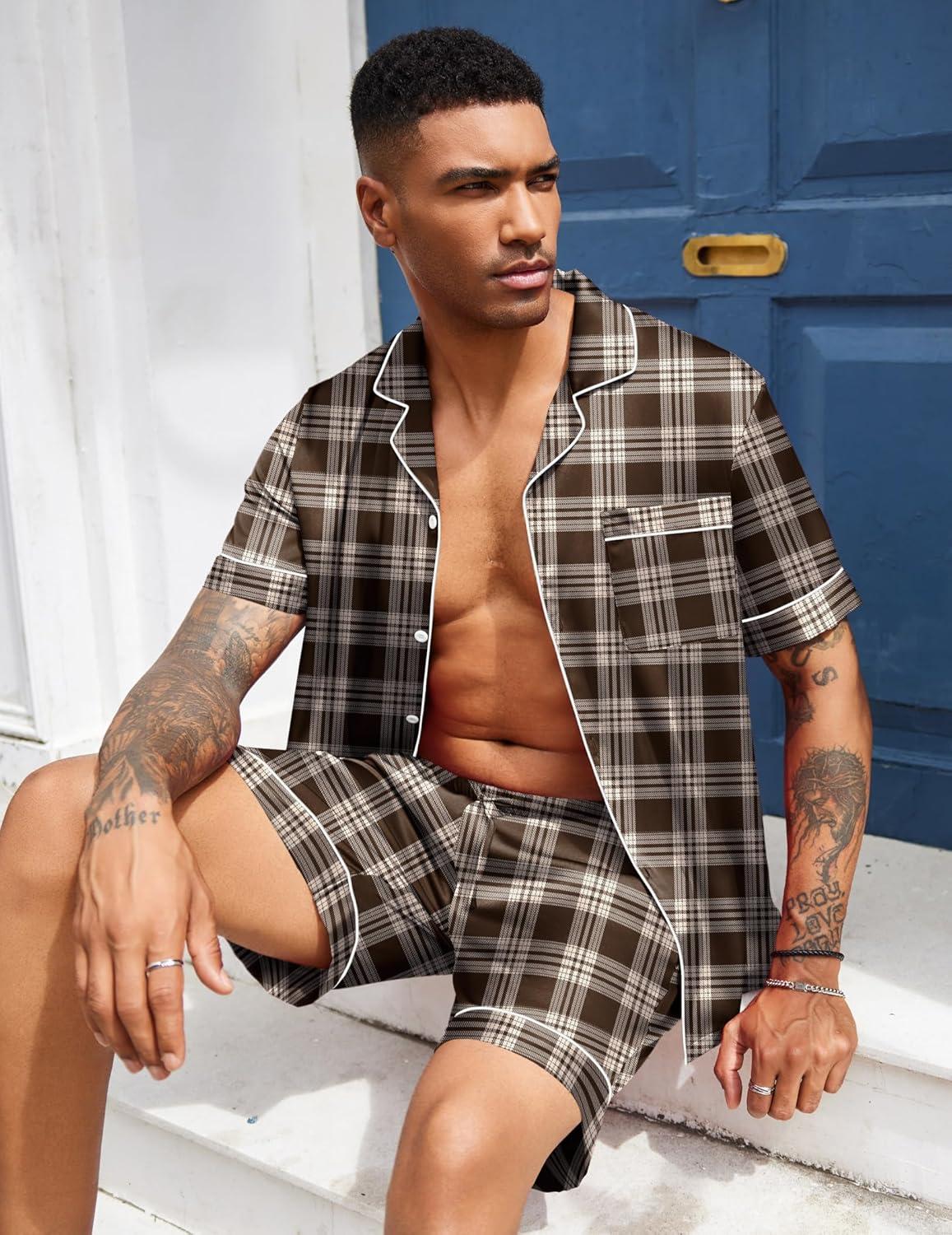 imageEkouaer Mens Silk Satin Pajamas Set Short Sleeve Sleepwear Lightweight Button Up Lounge Pjs Set with Pockets S4XLBrown Plaid