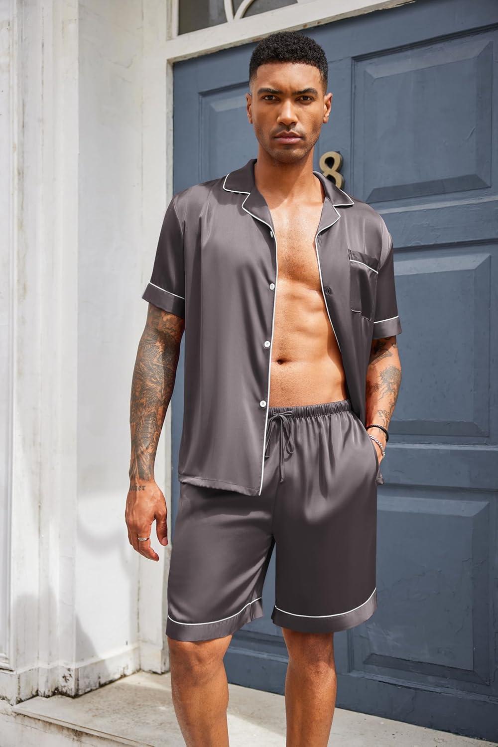imageEkouaer Mens Silk Satin Pajamas Set Short Sleeve Sleepwear Lightweight Button Up Lounge Pjs Set with Pockets S4XLDark Gray