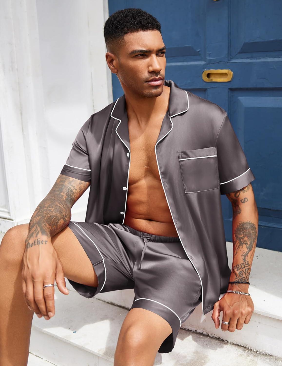 imageEkouaer Mens Silk Satin Pajamas Set Short Sleeve Sleepwear Lightweight Button Up Lounge Pjs Set with Pockets S4XLDark Gray