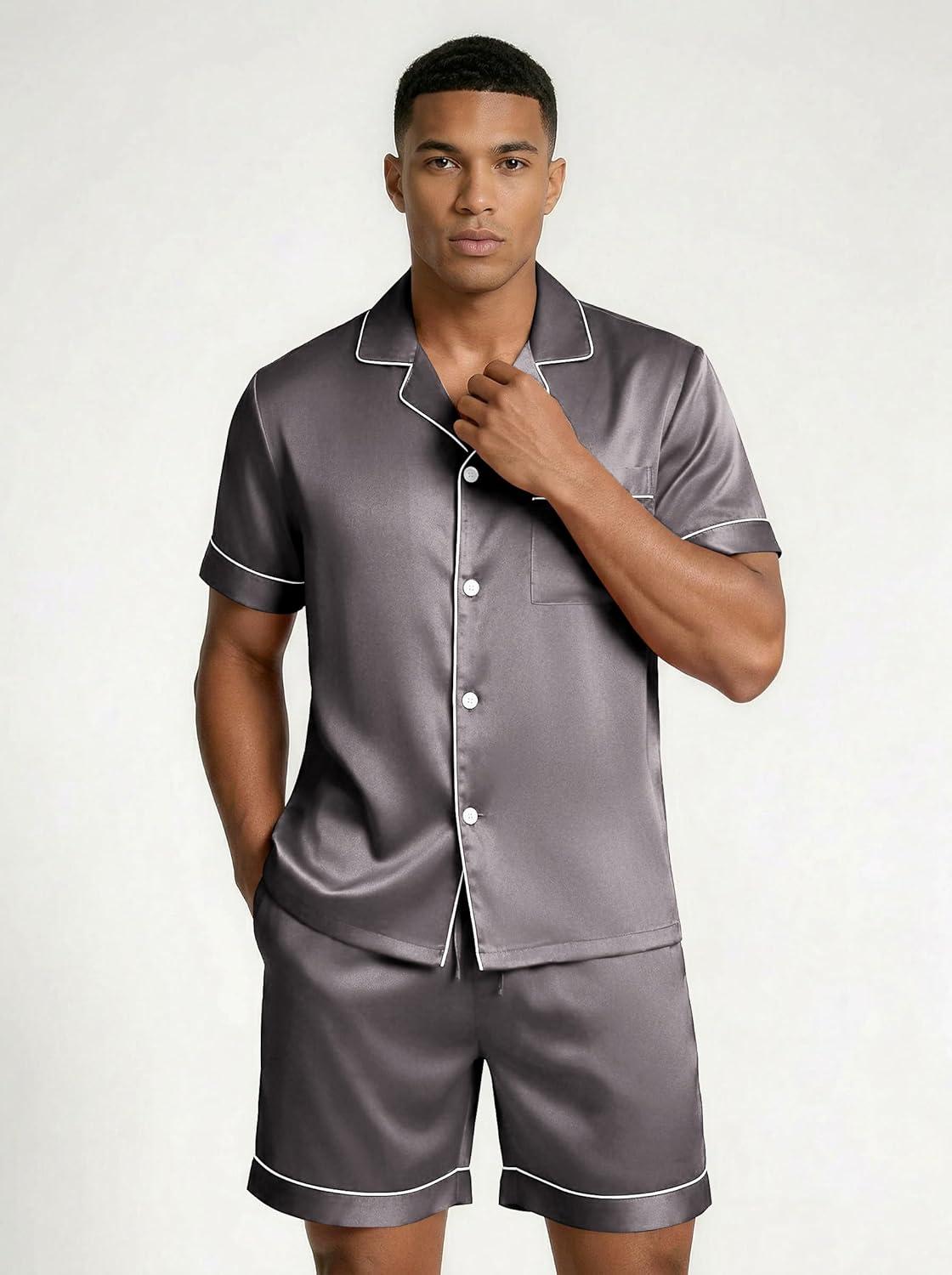 imageEkouaer Mens Silk Satin Pajamas Set Short Sleeve Sleepwear Lightweight Button Up Lounge Pjs Set with Pockets S4XLDark Gray