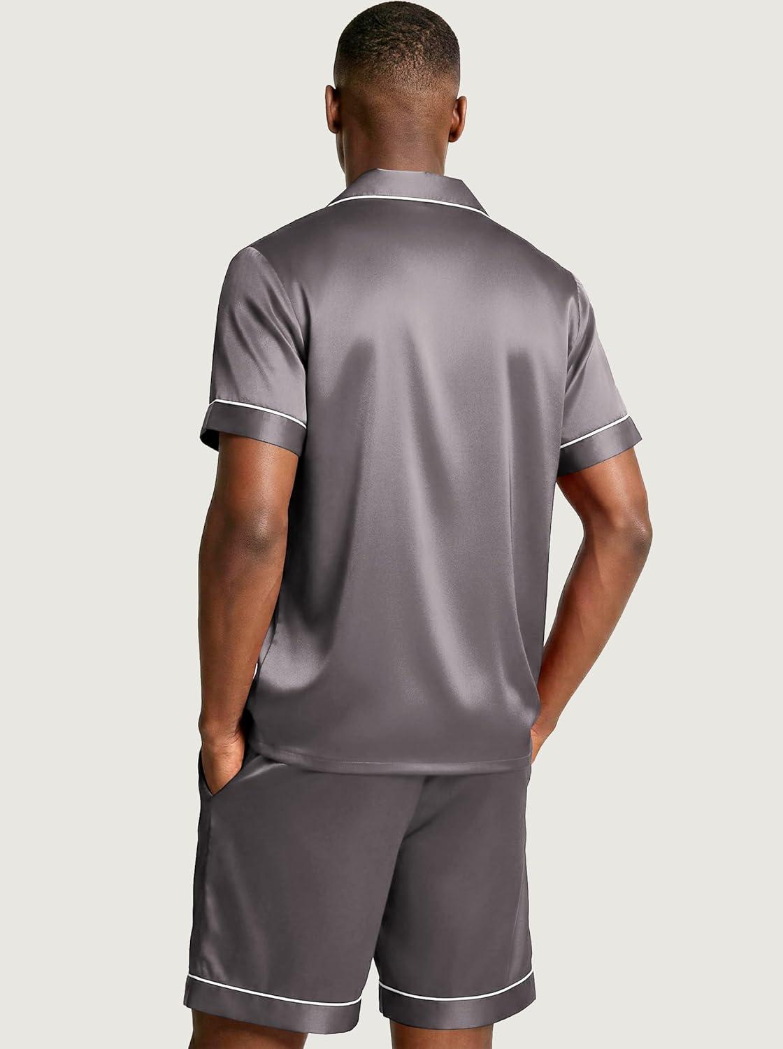 imageEkouaer Mens Silk Satin Pajamas Set Short Sleeve Sleepwear Lightweight Button Up Lounge Pjs Set with Pockets S4XLDark Gray