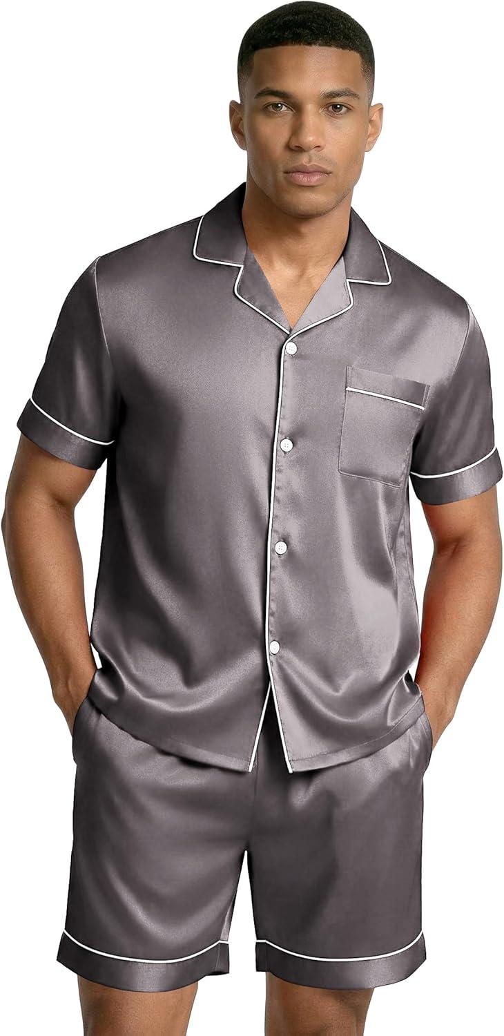 imageEkouaer Mens Silk Satin Pajamas Set Short Sleeve Sleepwear Lightweight Button Up Lounge Pjs Set with Pockets S4XLDark Gray