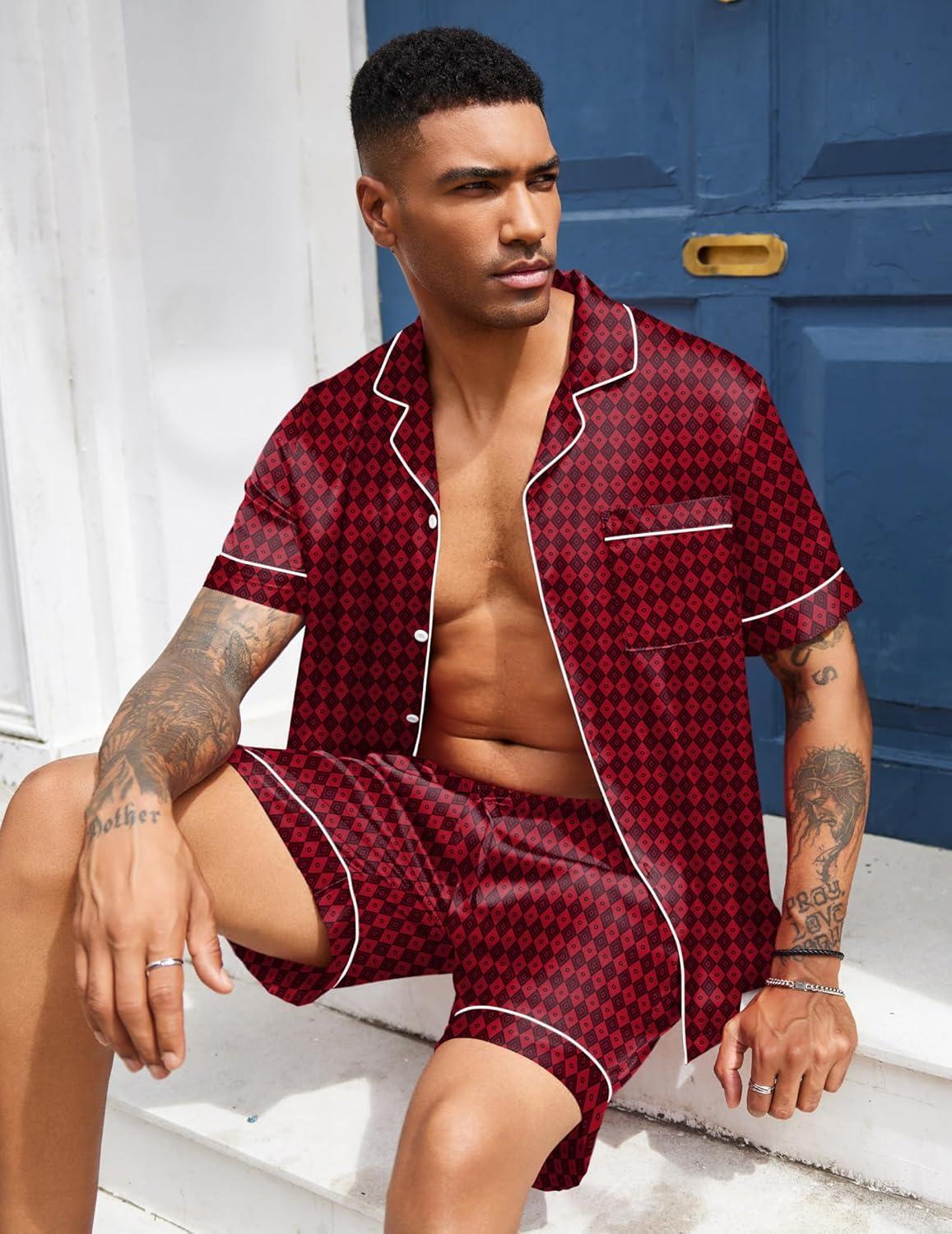 imageEkouaer Mens Silk Satin Pajamas Set Short Sleeve Sleepwear Lightweight Button Up Lounge Pjs Set with Pockets S4XLRed Diamond Pattern
