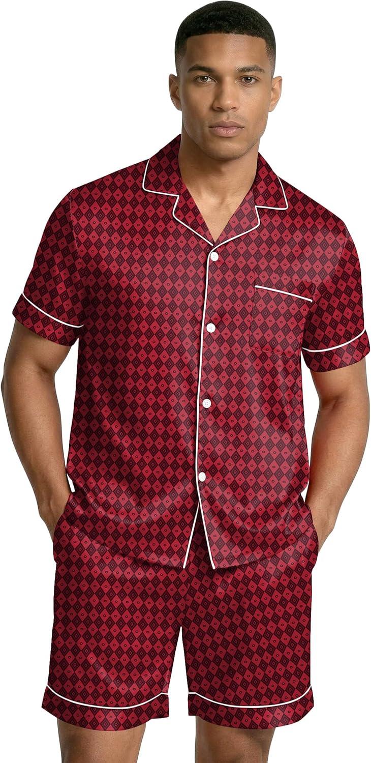 imageEkouaer Mens Silk Satin Pajamas Set Short Sleeve Sleepwear Lightweight Button Up Lounge Pjs Set with Pockets S4XLRed Diamond Pattern